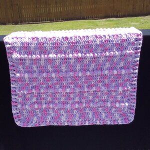 Handed Crafted Baby Blanket, Color Pink, Purple and Cream, Size 38 by 38 inches.